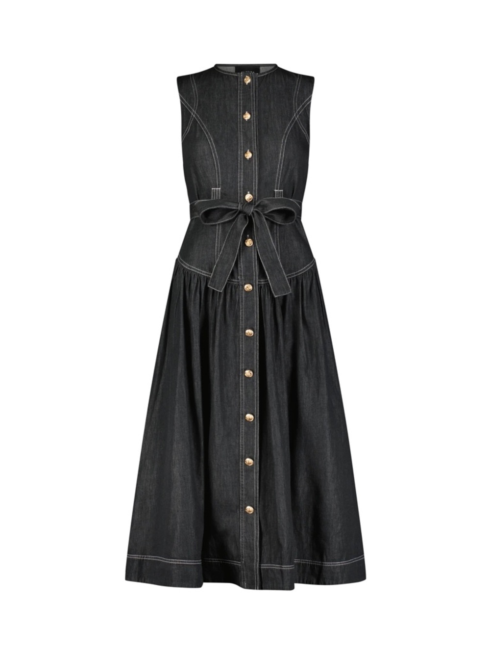 Sleeveless Black Maxi Button-Down Dress with Waist Tie